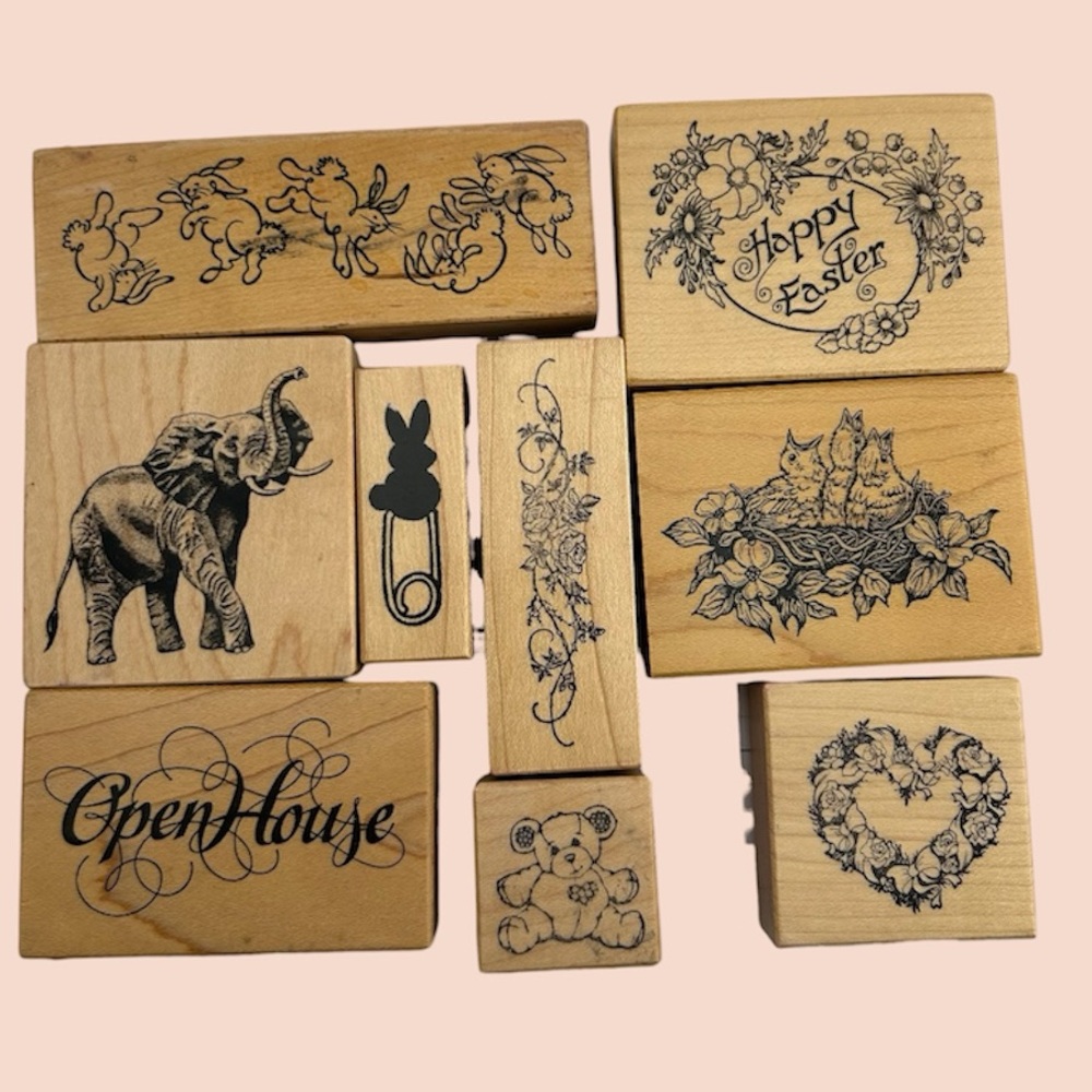Lot of 9 Vintage Wood Mounted Stamps by PSX